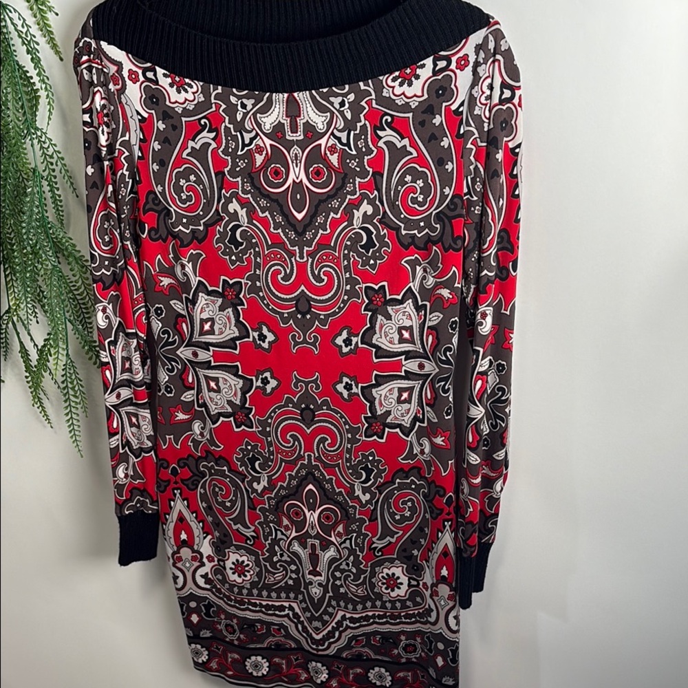 Cache Red and Black Paisley Midi Dress